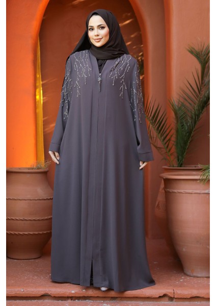 Boncuk İşlemeli Kahverengi Tesettür Abaya 29110KH