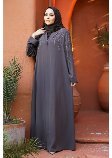 Boncuk İşlemeli Kahverengi Tesettür Abaya 29110KH fiyatları