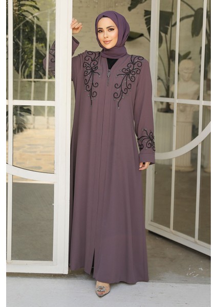 Boncuk Işlemeli Gül Kurusu Tesettür Abaya 29107GK