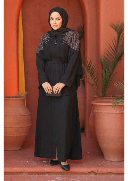 Fermuarlı Siyah Tesettür Abaya 29108S