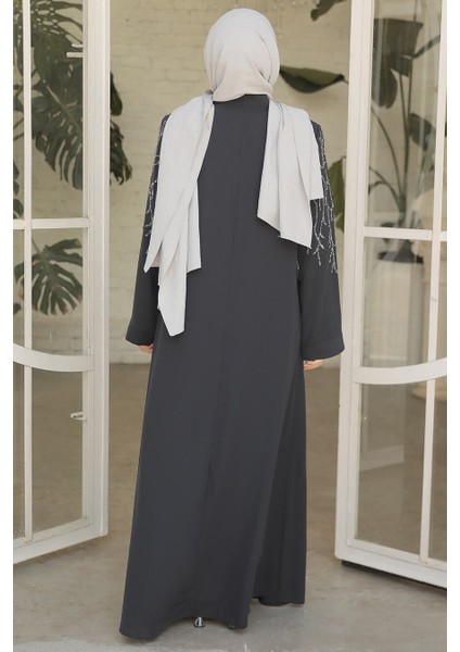 Boncuk Işlemeli Füme Tesettür Abaya 29110FU