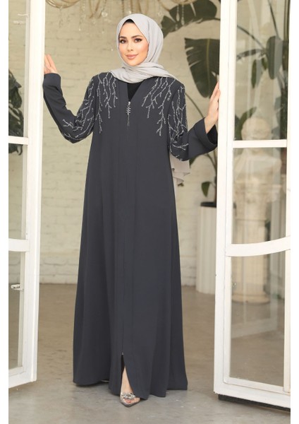 Boncuk Işlemeli Füme Tesettür Abaya 29110FU