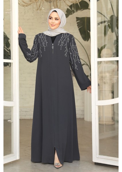 Boncuk Işlemeli Füme Tesettür Abaya 29110FU
