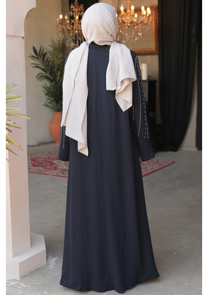 Boncuk Işlemeli Lacivert Tesettür Abaya 29111L