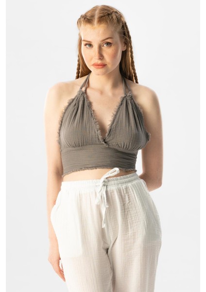 Göcek Bağlama Detaylı Yazlık Müslin Büstiyer Gri Gri