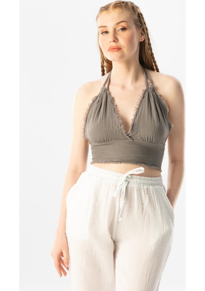 Göcek Bağlama Detaylı Yazlık Müslin Büstiyer Gri Gri fırsatları