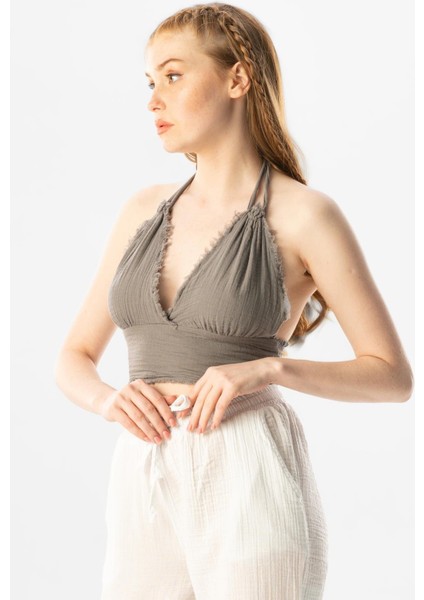 Göcek Bağlama Detaylı Yazlık Müslin Büstiyer Gri Gri indirimleri
