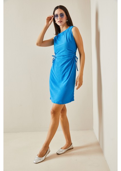 Saks Büzgü Detaylı Askılı Örme Midi Elbise 5YXK6-48533-15 modelleri