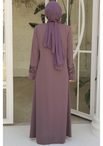 Boncuk Işlemeli Gül Kurusu Tesettür Abaya 29107GK