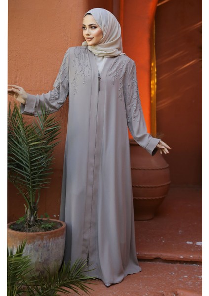 Boncuk Işlemeli Bej Tesettür Abaya 29110BEJ