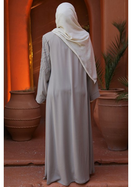 Boncuk Işlemeli Bej Tesettür Abaya 29110BEJ