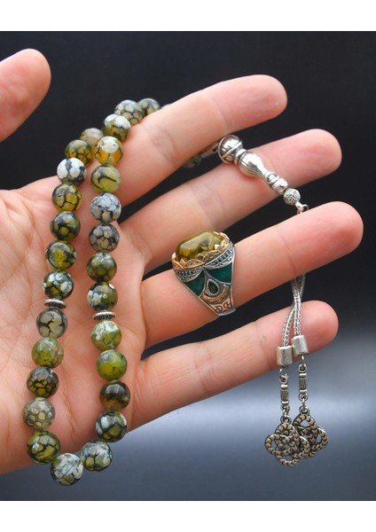 Gümüş Doğal Damarlı Akik Taşlı Tesbih Seti ve 925 Ayar Gümüş Erkek Yüzüğü Damarlı Akik Taşlı