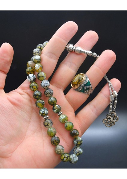 Gümüş Doğal Damarlı Akik Taşlı Tesbih Seti ve 925 Ayar Gümüş Erkek Yüzüğü Damarlı Akik Taşlı fiyatları