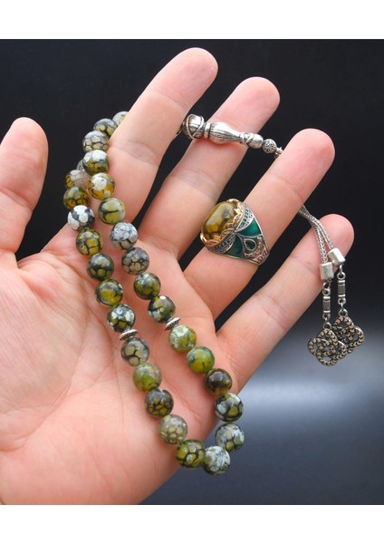 Gümüş Doğal Damarlı Akik Taşlı Tesbih Seti ve 925 Ayar Gümüş Erkek Yüzüğü Damarlı Akik Taşlı modelleri