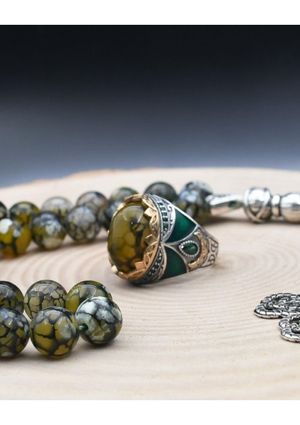 Gümüş Doğal Damarlı Akik Taşlı Tesbih Seti ve 925 Ayar Gümüş Erkek Yüzüğü Damarlı Akik Taşlı fırsatları