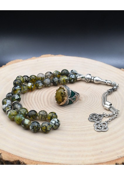 Gümüş Doğal Damarlı Akik Taşlı Tesbih Seti ve 925 Ayar Gümüş Erkek Yüzüğü Damarlı Akik Taşlı indirimleri