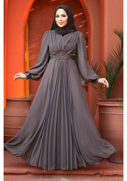 Drape Detaylı Kahverengi Tesettür Abiye Elbise 4448KH
