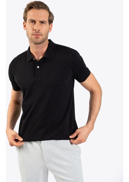 Erkek Slım Fıt Polo Yaka Tişört-Siyah