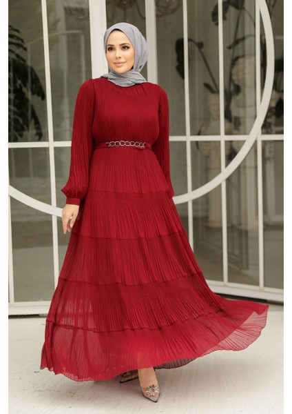 Kat Piliseli Bordo Tesettür Elbise 44761BR