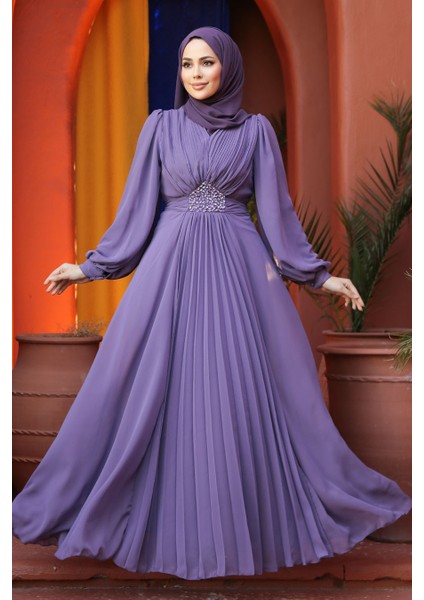Drape Detaylı Lila Tesettür Abiye Elbise 4448LILA