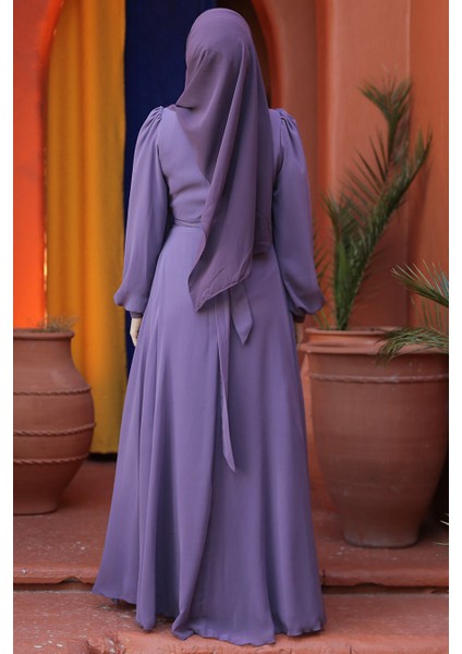 Drape Detaylı Lila Tesettür Abiye Elbise 4448LILA