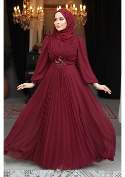 Drape Detaylı Bordo Tesettür Abiye Elbise 4448BR