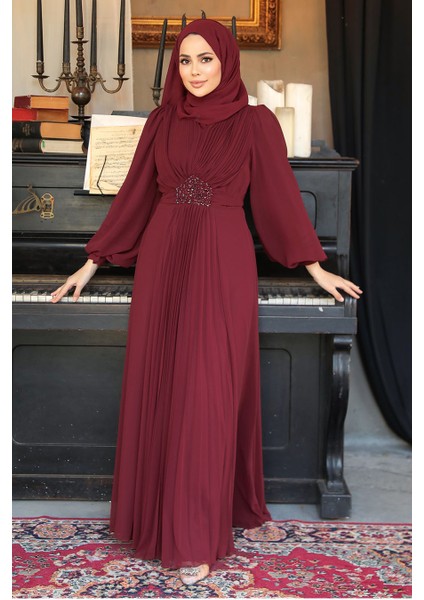 Drape Detaylı Bordo Tesettür Abiye Elbise 4448BR