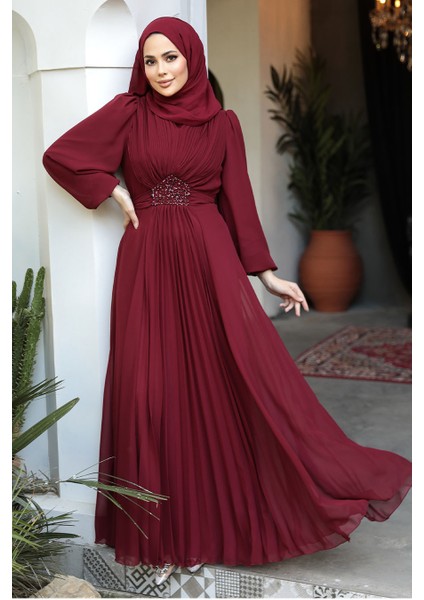 Drape Detaylı Bordo Tesettür Abiye Elbise 4448BR