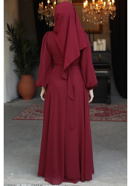 Drape Detaylı Bordo Tesettür Abiye Elbise 4448BR