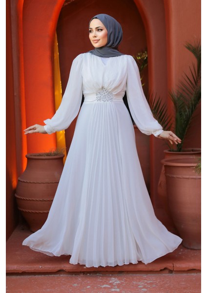 Drape Detaylı Beyaz Tesettür Abiye Elbise 4448B fiyatları