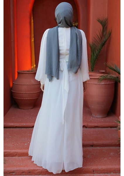 Drape Detaylı Beyaz Tesettür Abiye Elbise 4448B fırsatları