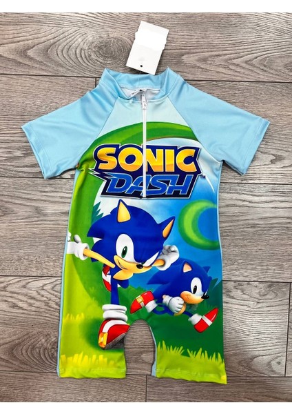 Erkek Çocuk Sonic Figürlü Mayo Boneli Işıltılı Uv Korumalı