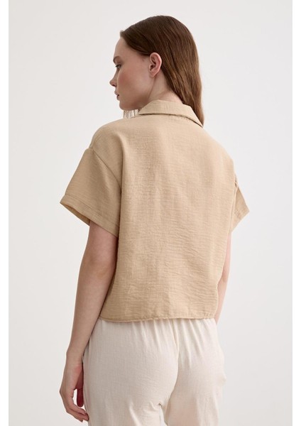 Kadın Keten Dantel Detaylı Kısa Kol Camel Gömlek VVK47031 fiyatları
