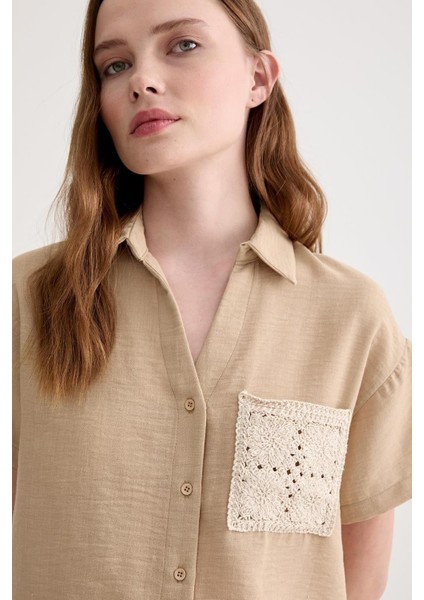 Kadın Keten Dantel Detaylı Kısa Kol Camel Gömlek VVK47031 modelleri