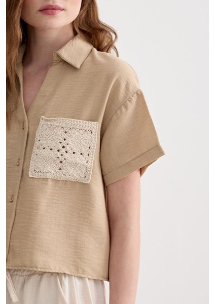 Kadın Keten Dantel Detaylı Kısa Kol Camel Gömlek VVK47031 fırsatları