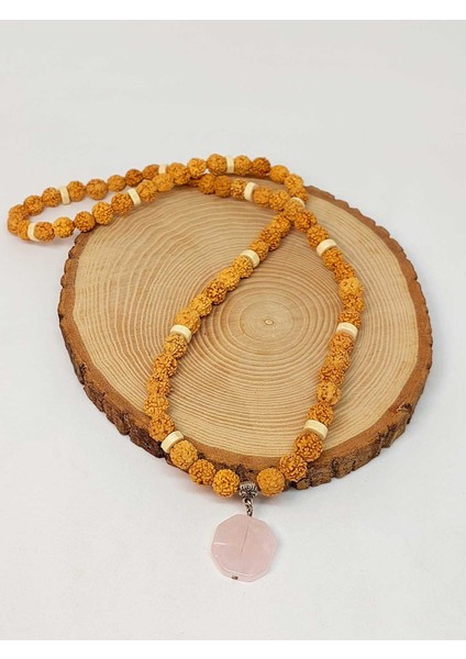 Pembe Kuvars Taşlı Rudraksha Tohum Kolye Dolama Bileklik 8mm (49732)