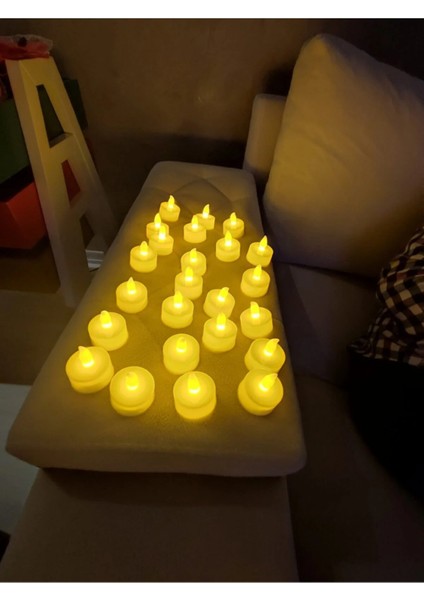 Yuvarlak Beyaz Pilli Led Mum Sarı Işık Ledli Tealight Mumlar Mum Işıklı Dumansız 24'Lü