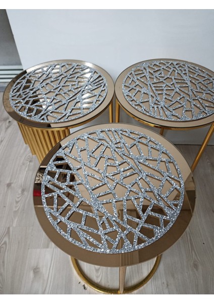 3 Adet / Zigon Sehpa Örtüsü / 33 cm Yuvarlak / Simli Işıltılı Suni Deri