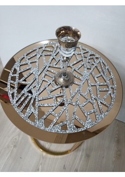 3 Adet / Zigon Sehpa Örtüsü / 33 cm Yuvarlak / Simli Işıltılı Suni Deri modelleri