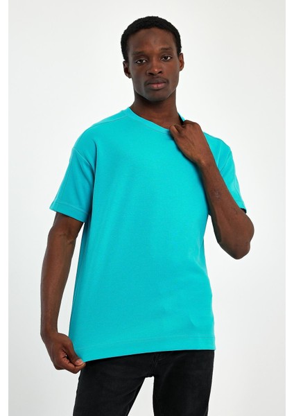 - Erkek Oversize Fit %100 Pamuk Kalın Dokulu Mavi T-shirt