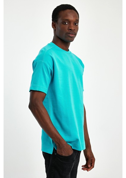 - Erkek Oversize Fit %100 Pamuk Kalın Dokulu Mavi T-shirt