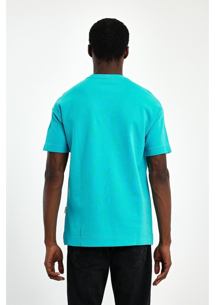 - Erkek Oversize Fit %100 Pamuk Kalın Dokulu Mavi T-shirt