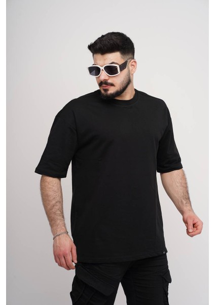 Erkek Over Size Basic Sade T-SHIRT%100 Pamuklu Kalın Dokulu Kumaş Bisiklet Yaka