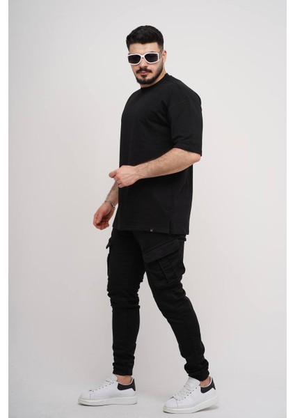 Erkek Over Size Basic Sade T-SHIRT%100 Pamuklu Kalın Dokulu Kumaş Bisiklet Yaka