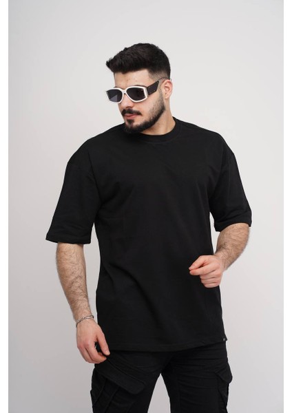 Erkek Over Size Basic Sade T-SHIRT%100 Pamuklu Kalın Dokulu Kumaş Bisiklet Yaka