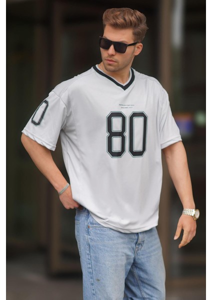 Gri Baskılı V Yaka Erkek Tişört 6199