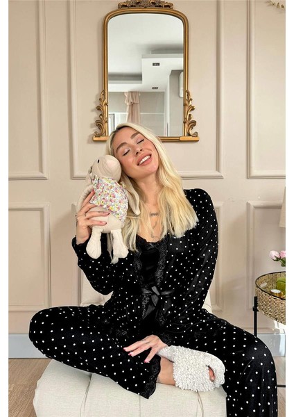 Siyah Mini Puan Desenli Bambu Sabahlıklı Kadın Pijama Takımı modelleri