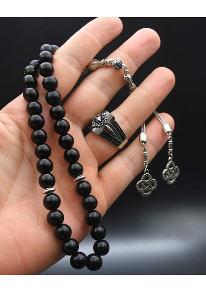 Gümüş 33'lük Doğal Oniks Taşlı Tesbih Seti ve 925 Ayar Gümüş Siyah Zirkon Taşlı Erkek Yüzüğü