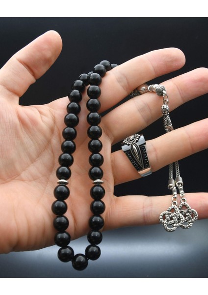 Gümüş 33'lük Doğal Oniks Taşlı Tesbih Seti ve 925 Ayar Gümüş Siyah Zirkon Taşlı Erkek Yüzüğü fiyatları