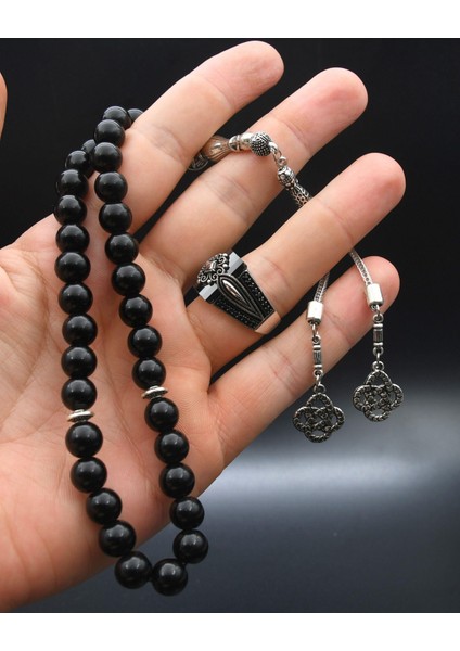 Gümüş 33'lük Doğal Oniks Taşlı Tesbih Seti ve 925 Ayar Gümüş Siyah Zirkon Taşlı Erkek Yüzüğü modelleri